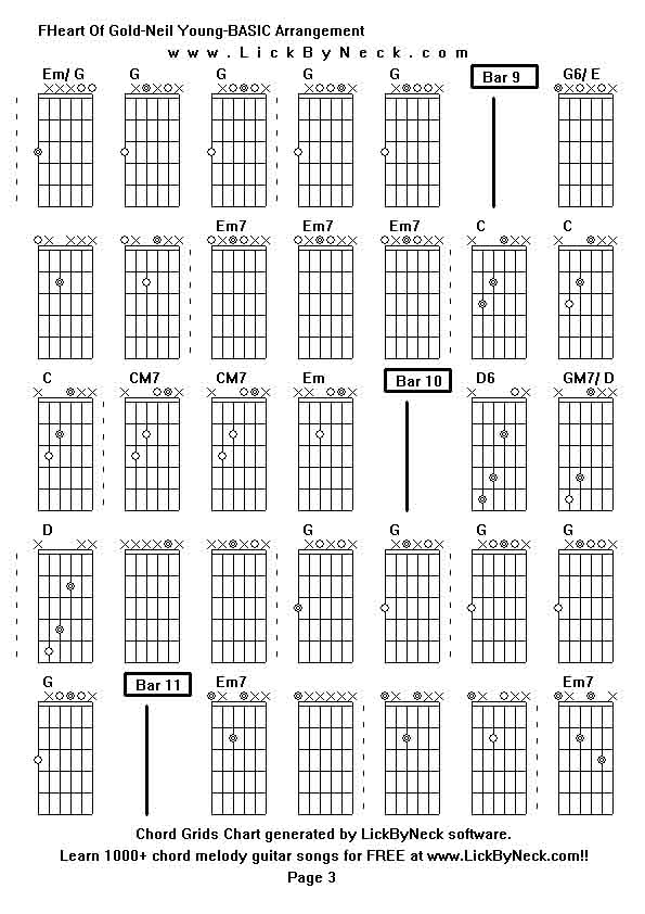 Chord Grids Chart of chord melody fingerstyle guitar song-FHeart Of Gold-Neil Young-BASIC Arrangement,generated by LickByNeck software.